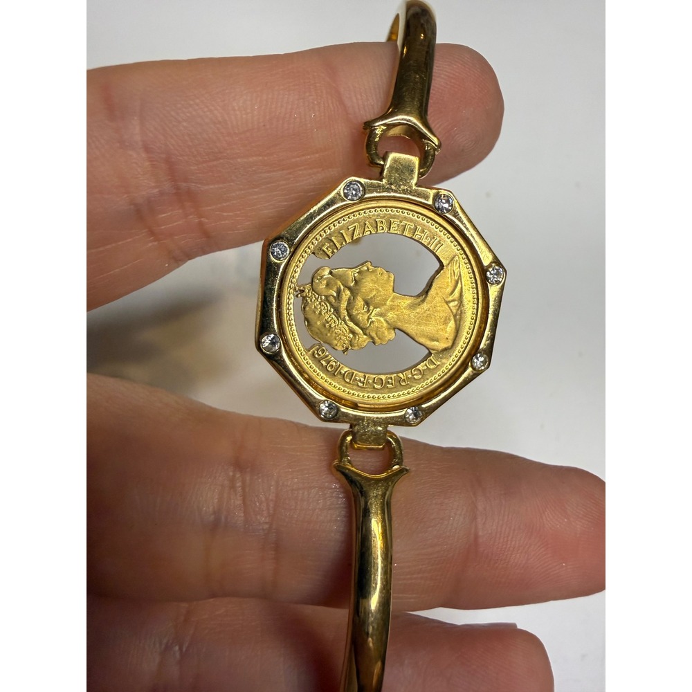 Queen Elizabeth II 1976 Coin Bangle Gold Tone Rhinestone Octagon Bracelet